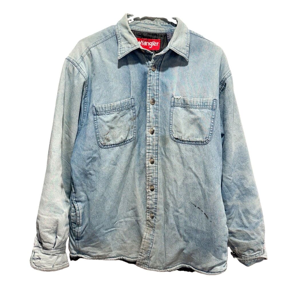 Vintage Wrangler Denim Shacket Quilted Liner Mens Medium Long Sleeve Destroyed
